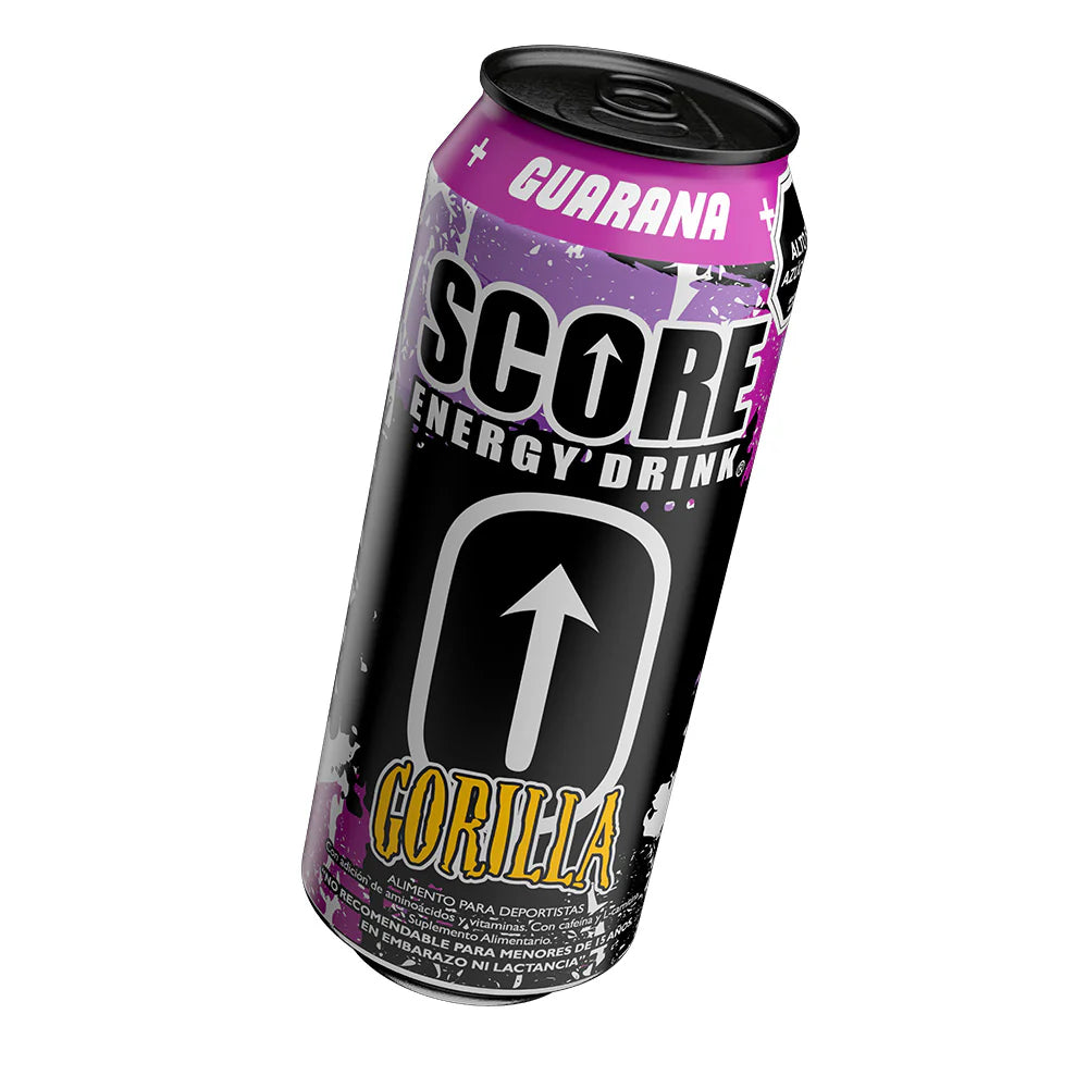 Lata de 473ml de la bebida energética Score Gorilla para pre-entrenamiento, con diseño diagonal y marca Score.