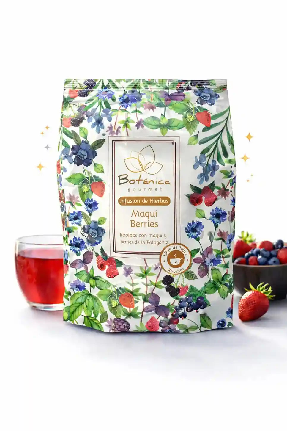Infusión de Maqui Berries y Rooibos de Gourmet Botanica, té de hierbas orgánico en paquete con hojas secas y bayas.