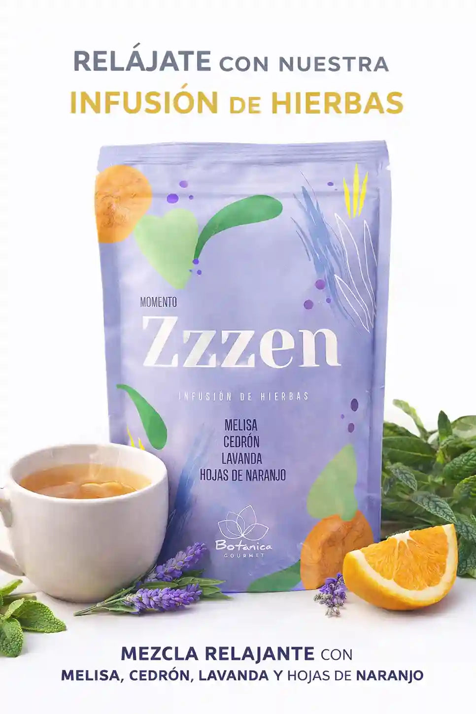 Infusión de hierbas relajante Zzzen de Gourmet Botanica con melisa, cedrón y lavanda en una taza de cerámica blanca.