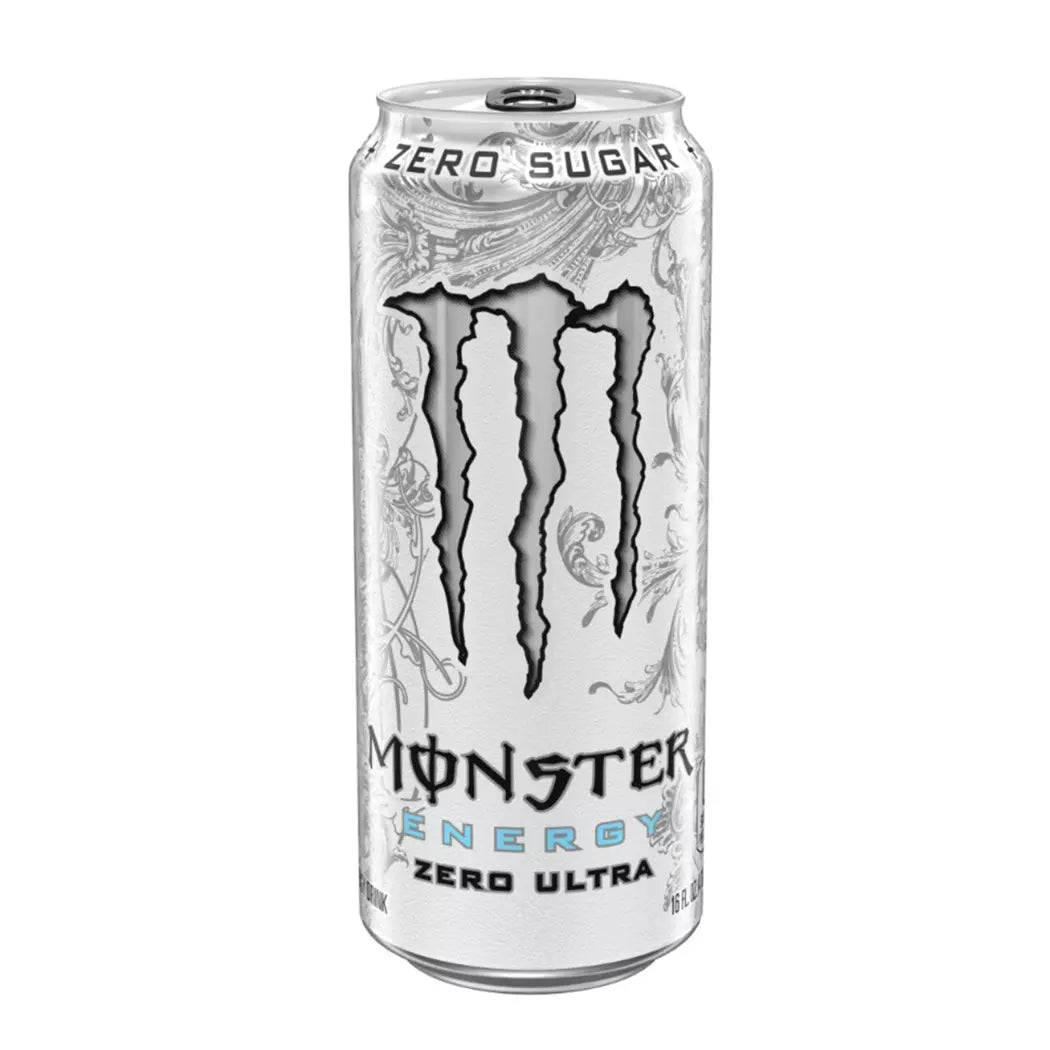 Lata de Monster Zero Ultra de 473 ml, bebida pre-entrenamiento sin azúcar con diseño de lata negra y detalles en azul y plata.