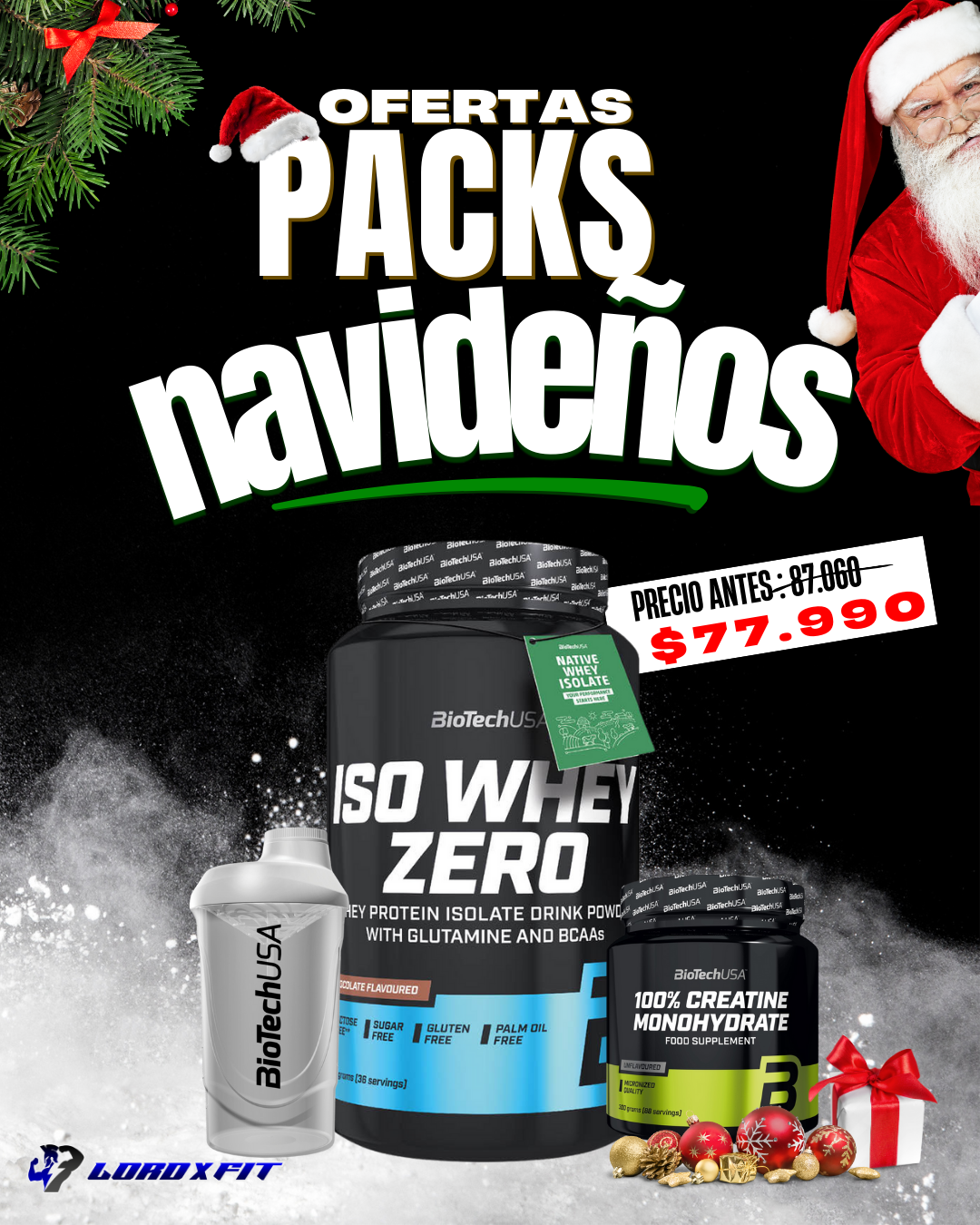 PACK NAVIDAD Creatina + Shaker + Proteina Isolate Biotechusa - Proteína, creatina y suplementos originales – LORDXFIT Chile