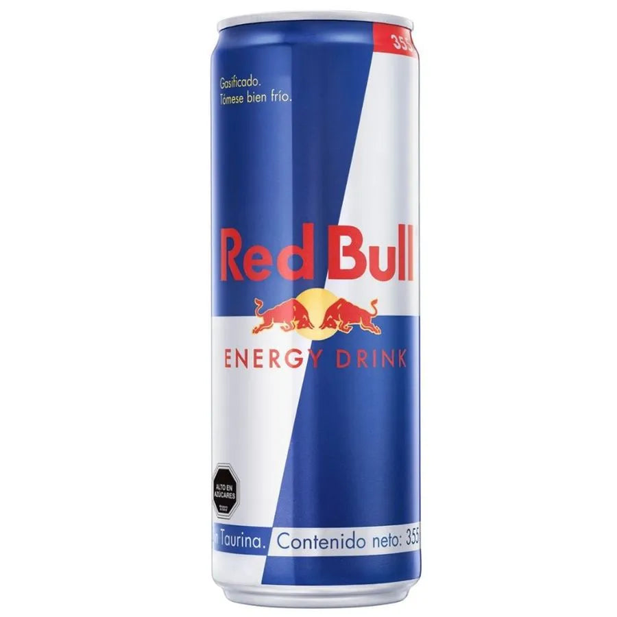 Lata de Red Bull Bebida Energética Original de 355 ml, pre-entrenamiento en aluminio rojo con logo y diseño distintivo.