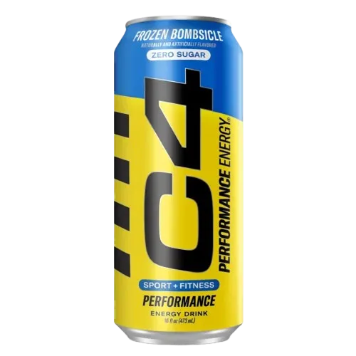 Lata amarilla de bebida energética C4 Frozen Bombsicle de 473 ml, preentrenamiento de la marca C4, con diseño refrescante.