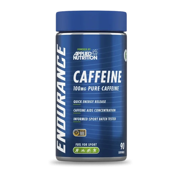 Cápsulas de cafeína Endurance de Applied Nutrition, pre-entrenamiento, 90 cápsulas de 100 mg cada una, en envase blanco.