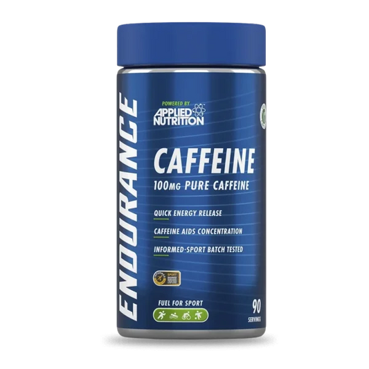 Cápsulas de cafeína Endurance de Applied Nutrition, pre-entrenamiento, 90 cápsulas de 100 mg cada una, en envase blanco.