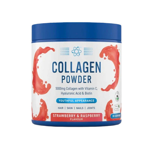 Polvo de colágeno hidrolizado con sabor a frutilla y frambuesa de Applied Nutrition, en envase de 165 g para suplementos y proteínas.