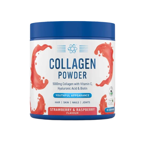 Polvo de colágeno hidrolizado con sabor a frutilla y frambuesa de Applied Nutrition, en envase de 165 g para suplementos y proteínas.