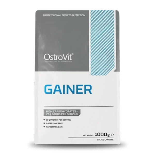 Suplemento Ostrovit Gainer de 2.2 lb con sabor a caramelo salado, con batido y envase visible.
