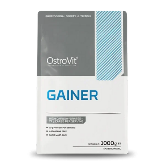 Suplemento Ostrovit Gainer de 2.2 lb con sabor a caramelo salado, con batido y envase visible.