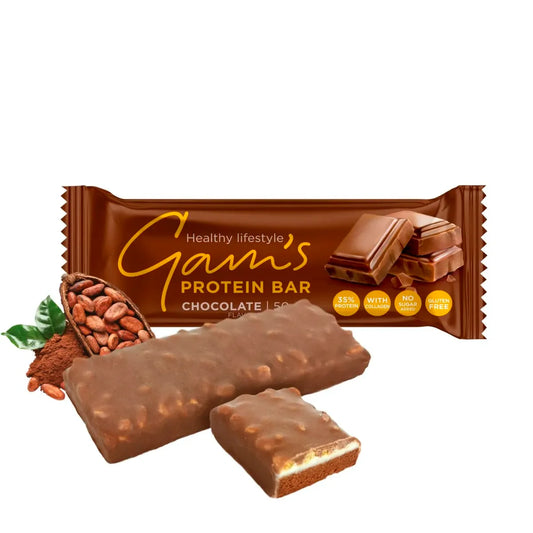 Barra de proteína GAM'S con sabor a chocolate de 50 g, ideal para fitness y recuperación muscular.