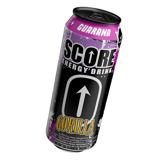 Lata de 473ml de la bebida energética Score Gorilla para pre-entrenamiento, con diseño diagonal y marca Score.