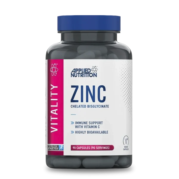Suplemento de vitamina zinc en envase de 90 cápsulas de Applied Nutrition, ideal para fortalecer el sistema inmunológico.
