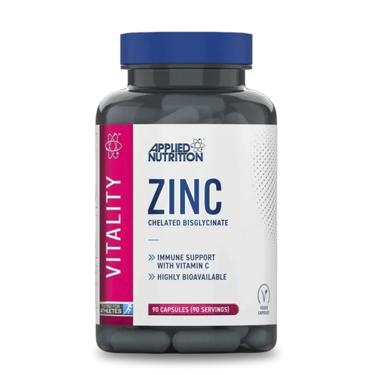 Suplemento de vitamina zinc en envase de 90 cápsulas de Applied Nutrition, ideal para fortalecer el sistema inmunológico.