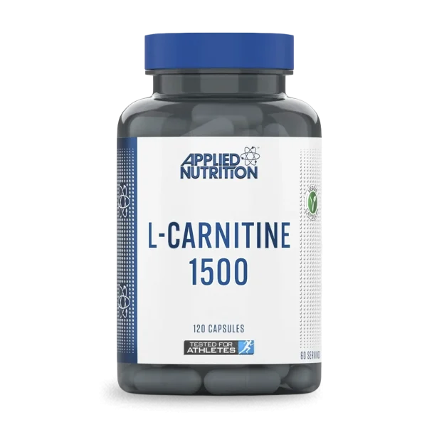 Suplemento de L-Carnitina de Applied Nutrition en cápsulas pre-entrenamiento, 120 cápsulas para energía y rendimiento deportivo.