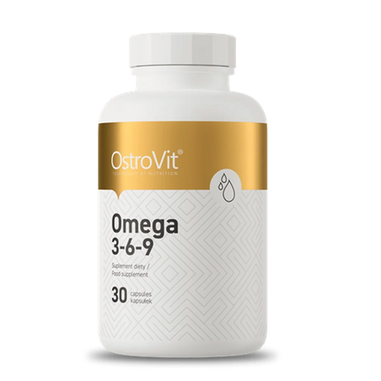 Suplemento Omega 3-6-9 Ostrovit en cápsulas, fuente de ácidos grasos esenciales para la salud y bienestar.