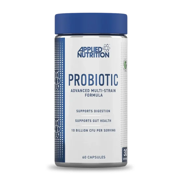 Suplemento de probióticos Advanced Multi Cepas de Applied Nutrition en cápsulas, 60 unidades, para bienestar digestivo.