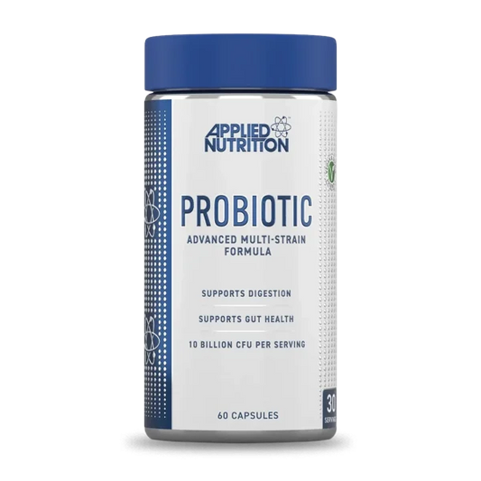 Suplemento de probióticos Advanced Multi Cepas de Applied Nutrition en cápsulas, 60 unidades, para bienestar digestivo.