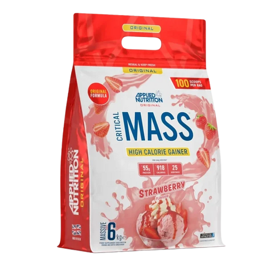 Suplemento de ganancia de peso Applied Nutrition Critical Mass 6 kg sabor fresa, envase grande, polvo para aumentar masa muscular