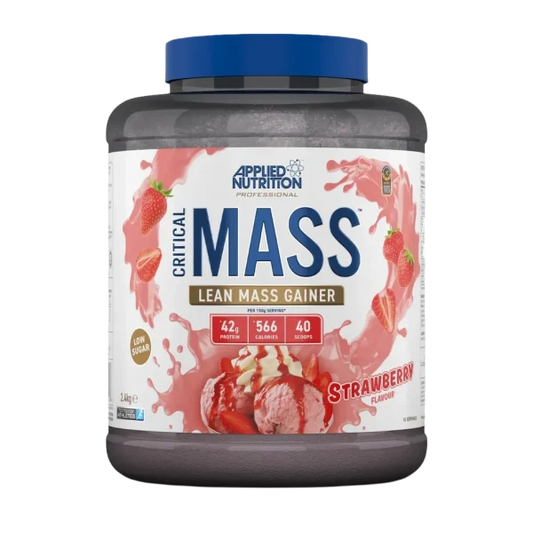 Suplemento Gainer Critical Mass de Applied Nutrition, 2.4 kg, sabor fresa, para aumento de masa muscular.