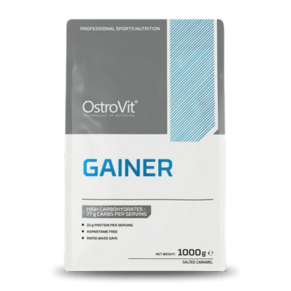 Suplemento Ostrovit Gainer de 2.2 lb con sabor a caramelo salado, con batido y envase visible.