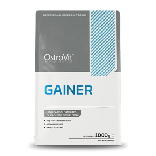 Suplemento Ostrovit Gainer de 2.2 lb con sabor a caramelo salado, con batido y envase visible.