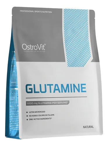 Suplemento de glutamina OstroVit 500g, polvo blanco para mejorar la recuperación muscular y la salud deportiva.