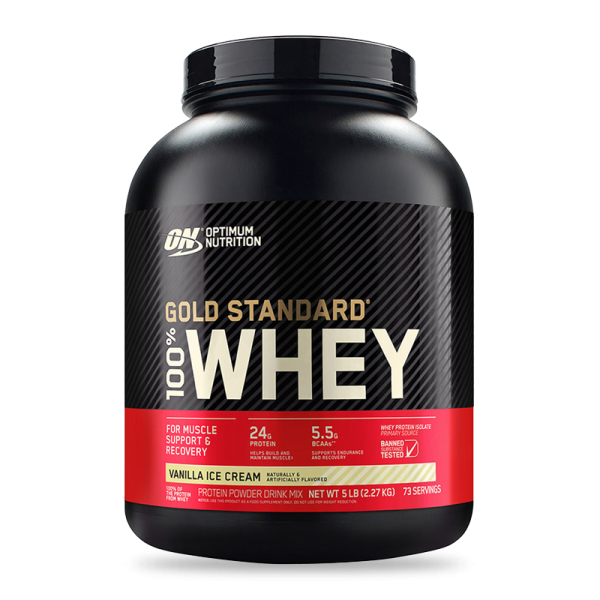 Suplemento de proteína Gold Standard 100% Whey de Optimum Nutrition en sabor vainilla, envase de 5 lb, vista frontal.