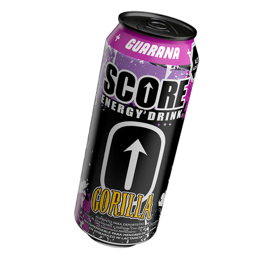 Lata de 473ml de la bebida energética Score Gorilla para pre-entrenamiento, con diseño diagonal y marca Score.