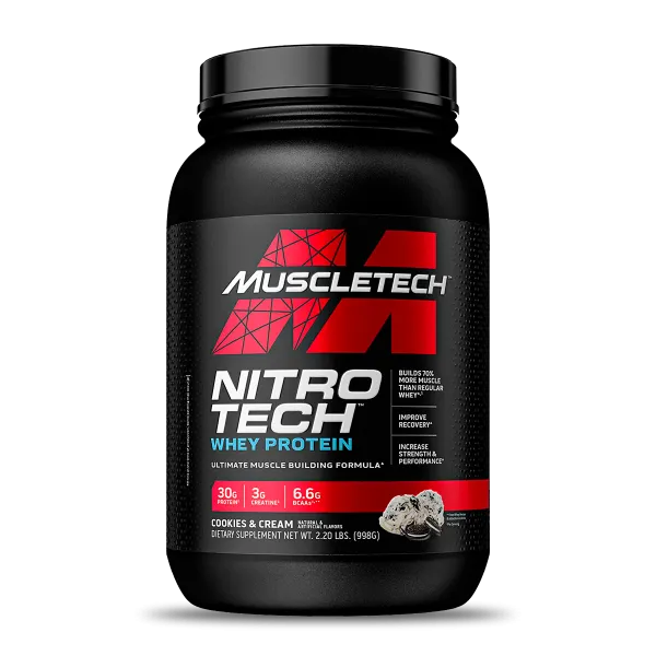 Proteína de suero Muscletech Nitro Tech 2 Lb sabor Cookies and Cream en envase de 600x600 píxeles.