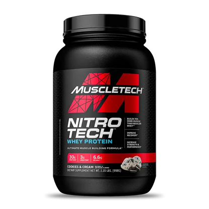 Proteína de suero Muscletech Nitro Tech 2 Lb sabor Cookies and Cream en envase de 600x600 píxeles.
