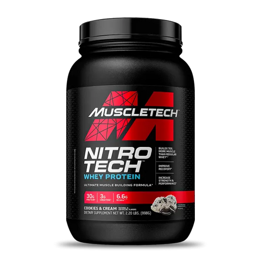Proteína de suero Muscletech Nitro Tech 2 Lb sabor Cookies and Cream en envase de 600x600 píxeles.
