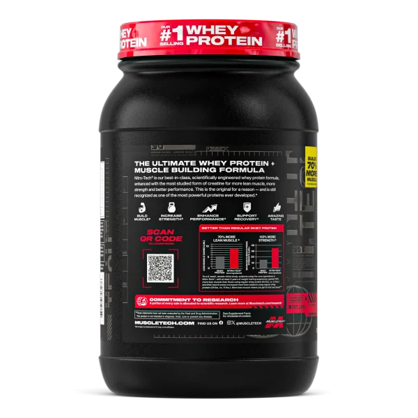 Suplemento de proteína whey MUSCLETECH Nitro Tech sabor cookies and cream en envase de 2 lb, vista frontal.