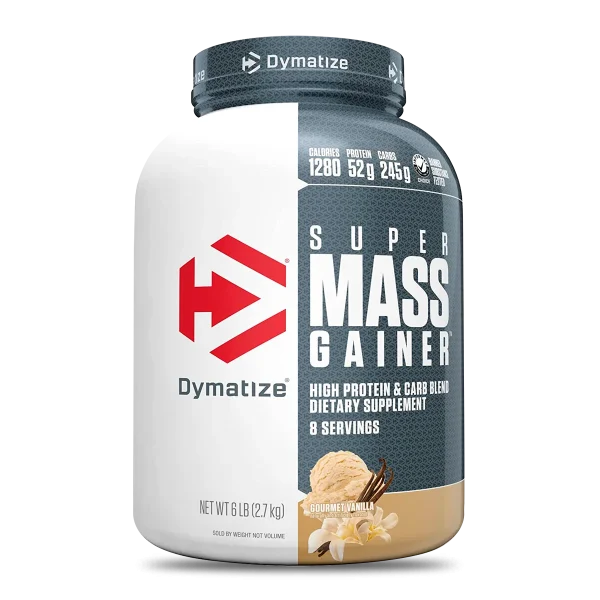 Suplemento Super Mass Gainer de Dymatize en sabor vainilla, envase de 6 lb, con polvo para aumento de masa muscular.
