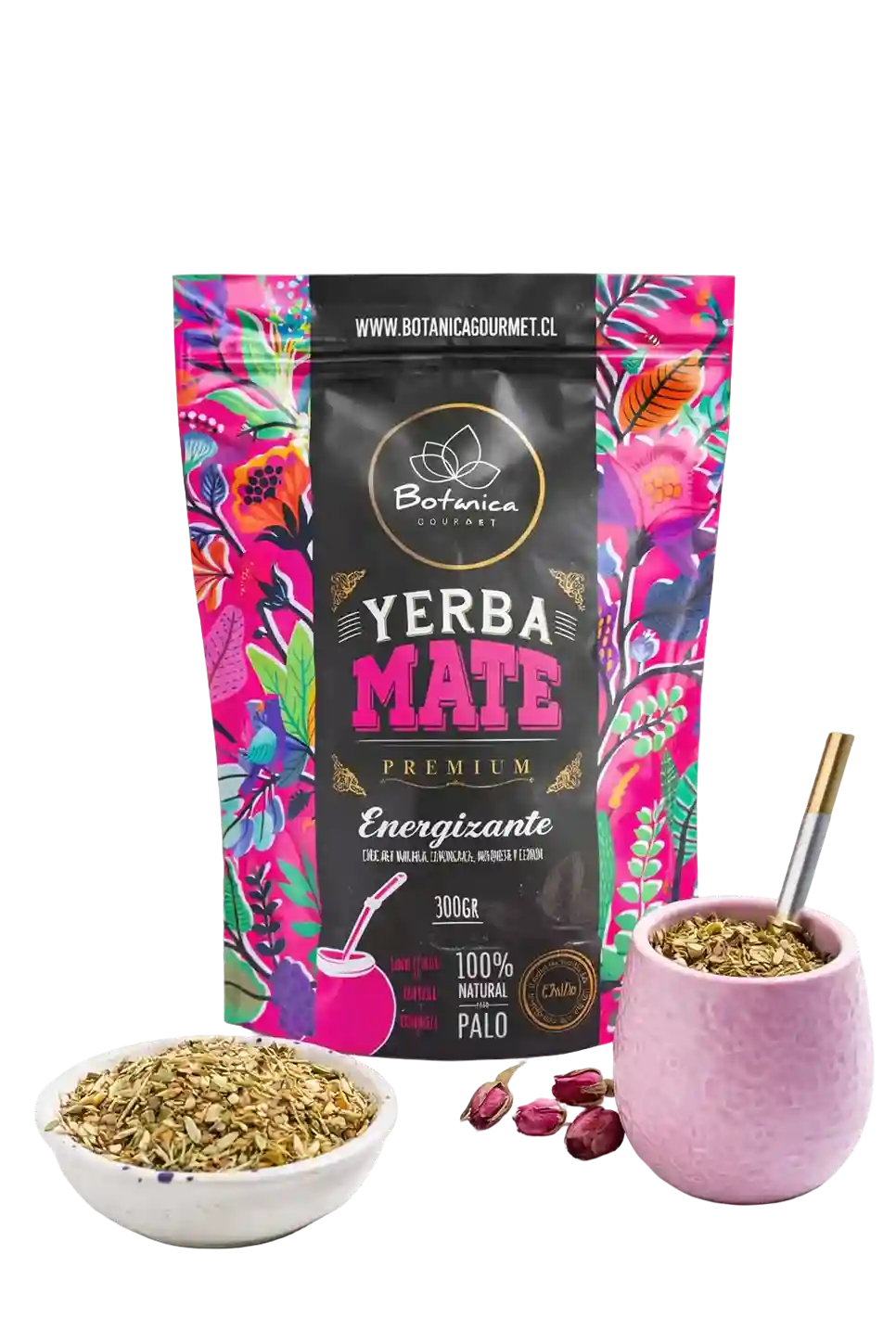 Yerba mate energizante orgánica Gourmet Botanica en paquete, con hojas secas y textura natural.