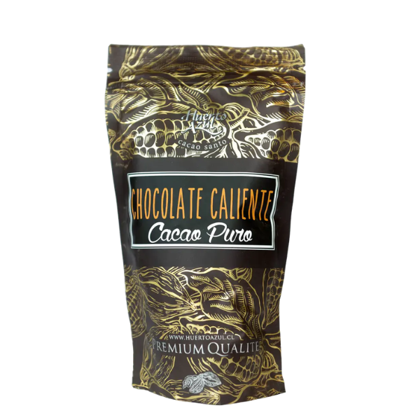 Cacao puro orgánico Huerto Azul para chocolate caliente, imagen de polvo de cacao en envase para bebida de cacao.