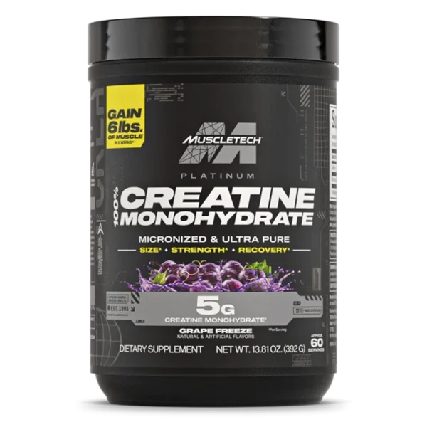 Creatina MuscleTech Platinum Grape Freeze de 392g, suplemento de creatina monohidratada en sabor uva congelada.