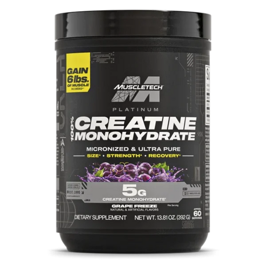 Creatina MuscleTech Platinum Grape Freeze de 392g, suplemento de creatina monohidratada en sabor uva congelada.
