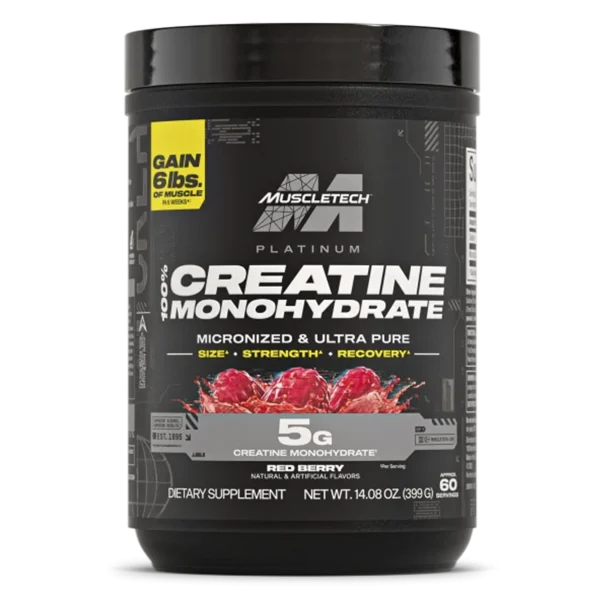 Creatina MuscleTech Platinum en sabor baya roja, suplemento de 399g para energía y rendimiento muscular.