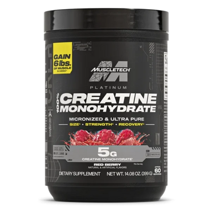Creatina MuscleTech Platinum en sabor baya roja, suplemento de 399g para energía y rendimiento muscular.