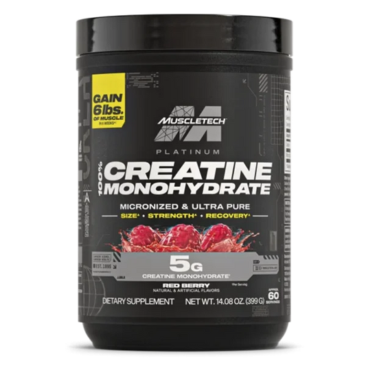 Creatina MuscleTech Platinum en sabor baya roja, suplemento de 399g para energía y rendimiento muscular.