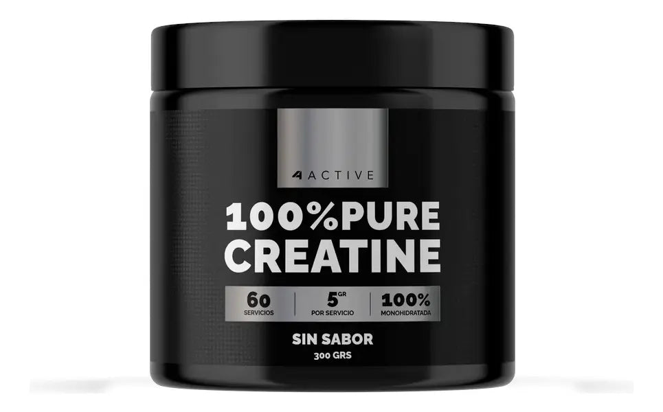 Creatina Monohidratada Epic de 4Active en envase de 300 g, equipamiento de fitness para mejorar el rendimiento.