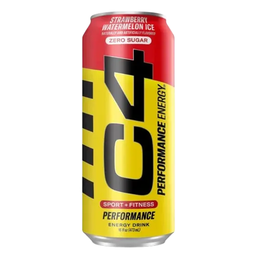 Bebida energética C4 Watermelon Ice en botella de 473 ml, pre-entrenamiento con sabor a fresa y sandía helada.