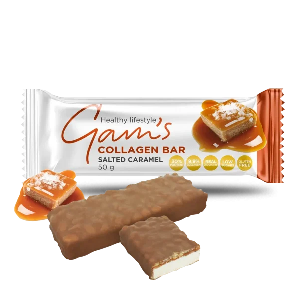 Barra de colágeno GAM’s Caramelo Salado, 50 g, suplemento de fitness con textura cremosa y sabor a caramelo salado.