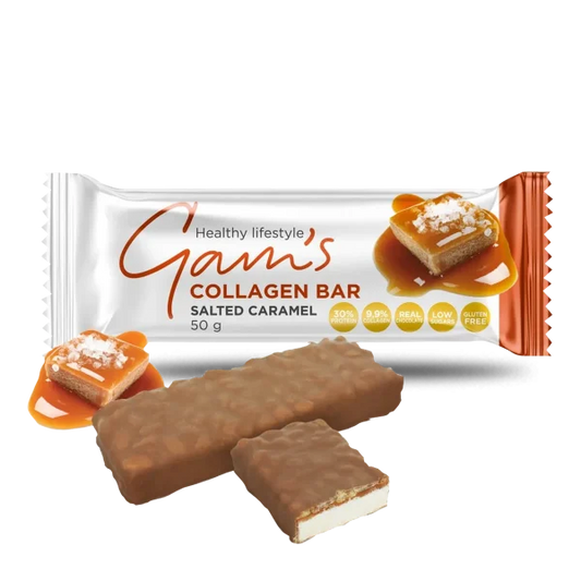Barra de colágeno GAM’s Caramelo Salado, 50 g, suplemento de fitness con textura cremosa y sabor a caramelo salado.