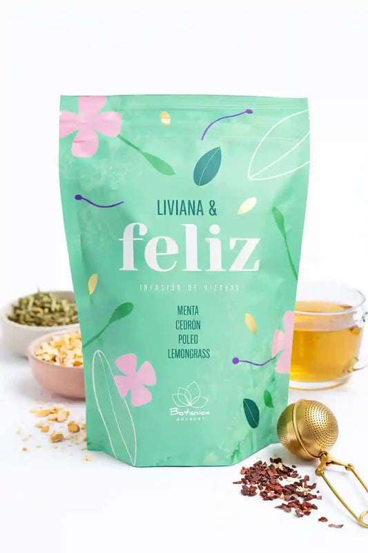 Infusión herbal relajante de Gourmet Botanica con cedrón para digestión y bienestar natural en una taza.
