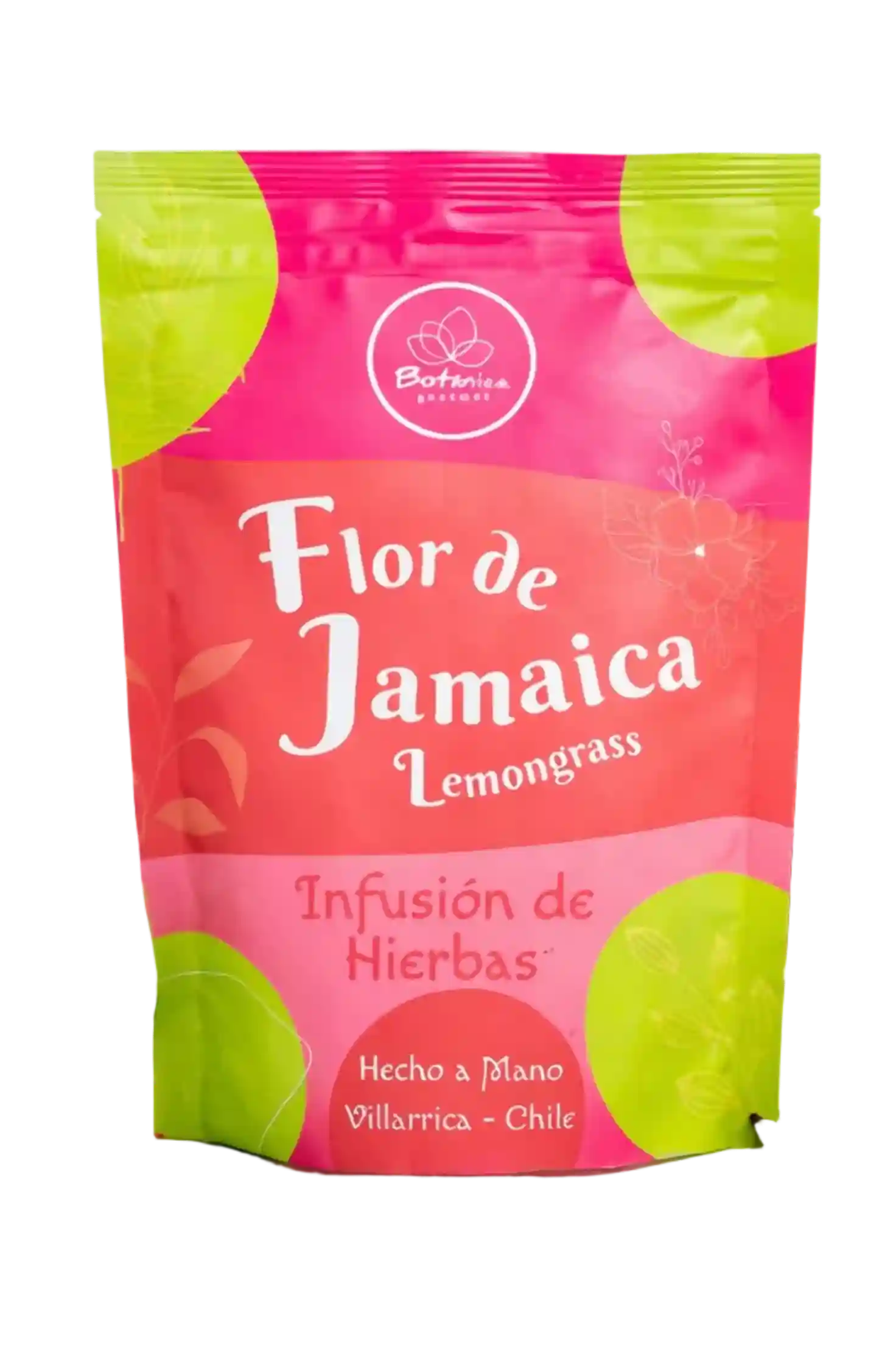Infusión de hierbas orgánica Flor de Jamaica y Lemongrass de Gourmet Botanica en vaso transparente con flores secas y hierbas naturales