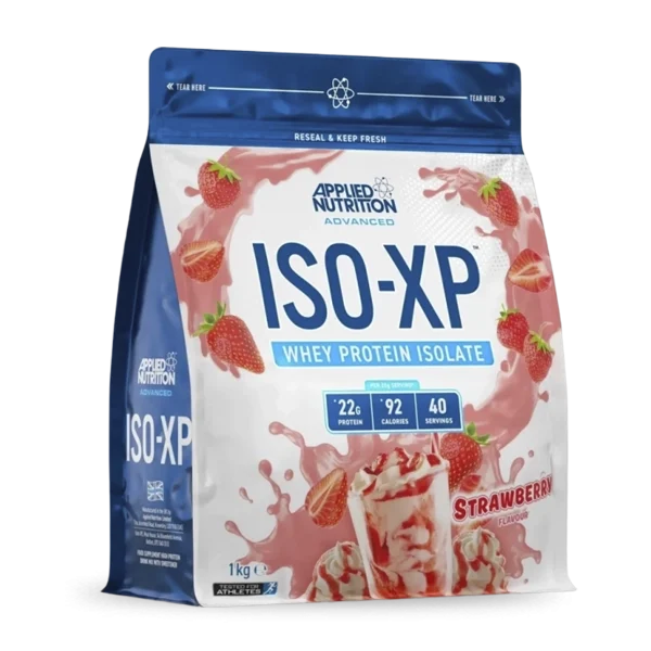 Proteína ISO XP de Applied Nutrition en sabor fresa, envase de 1 kg, suplemento de proteínas para ganar masa muscular.