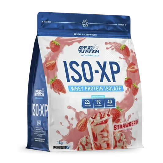 Proteína ISO XP de Applied Nutrition en sabor fresa, envase de 1 kg, suplemento de proteínas para ganar masa muscular.