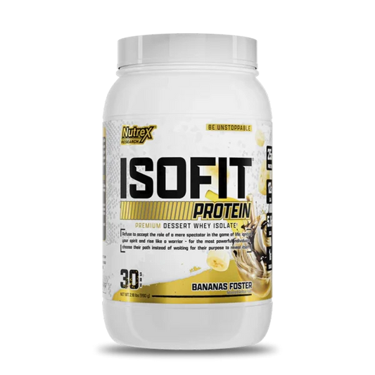 Suplemento Nutrex Proteína Isofit sabor Banana Foster, 2.3 lb, envase con polvo de proteína para ganar músculo y recuperación.