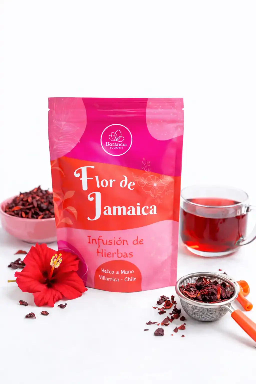 Infusión de flor de jamaica pura en paquete de Gourmet Botanica, para preparar té de hibisco natural y saludable.